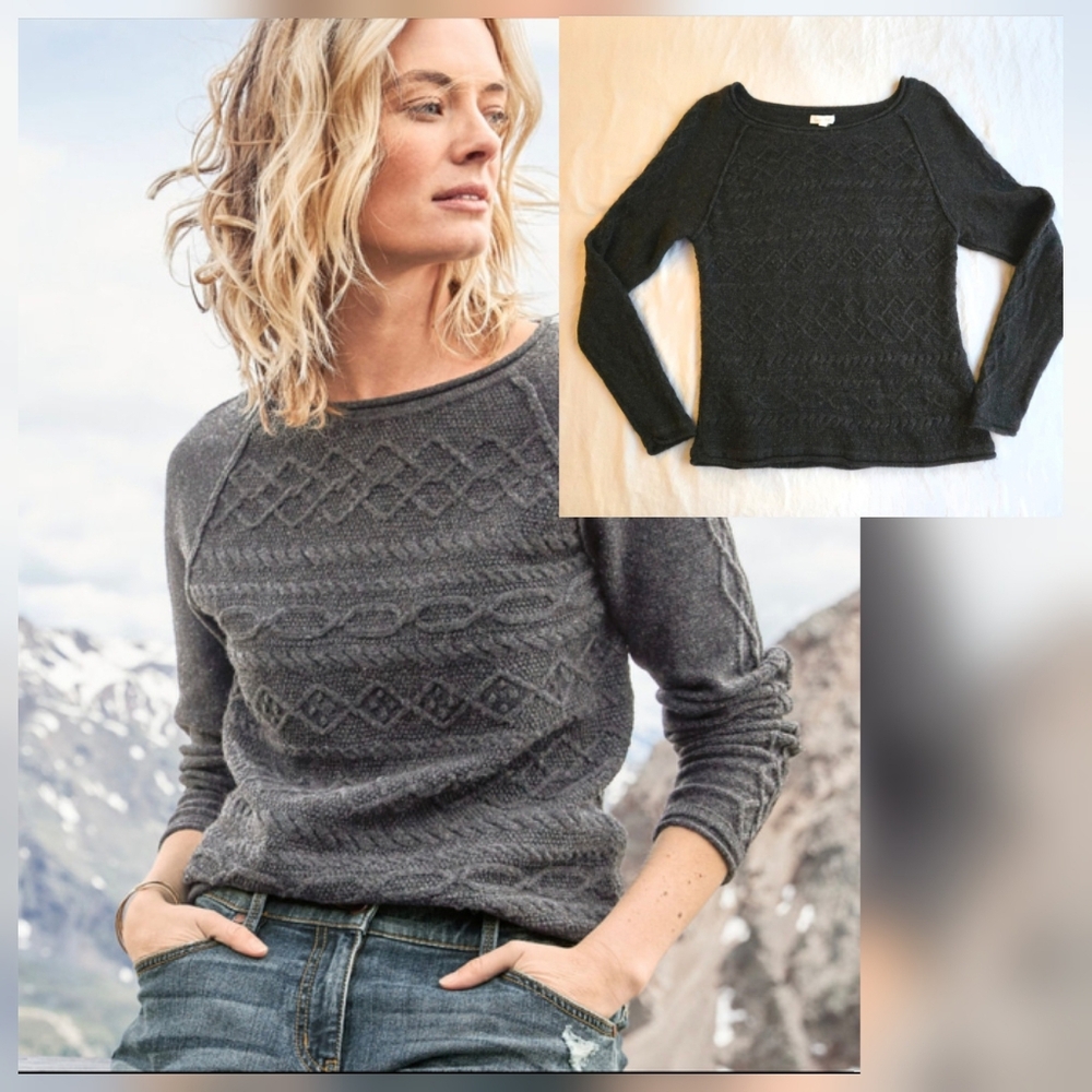 Garnet Hill Charcoal Grey Merino Wool Cable Detail Pullover Crewneck Sweater